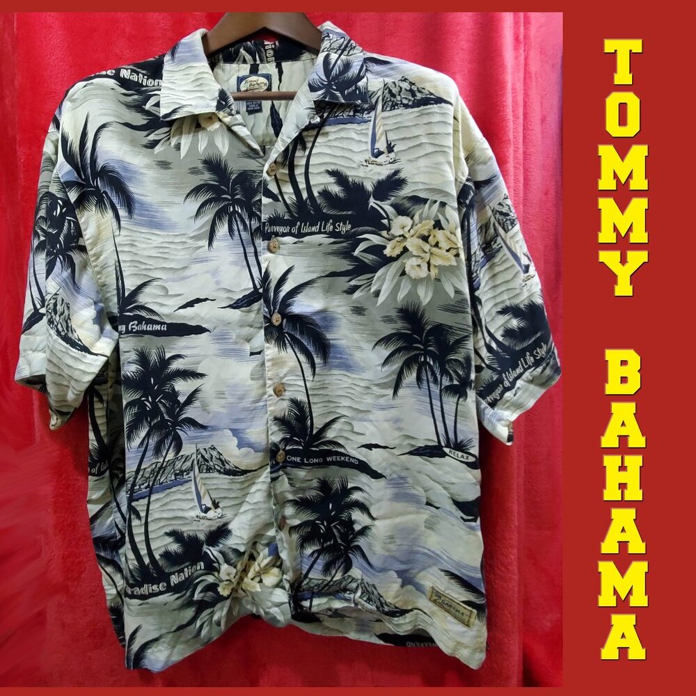 Tommy Bahama Mens Shirt LARGE Vintage Beige Beach Short Sleeve Casual Buttons